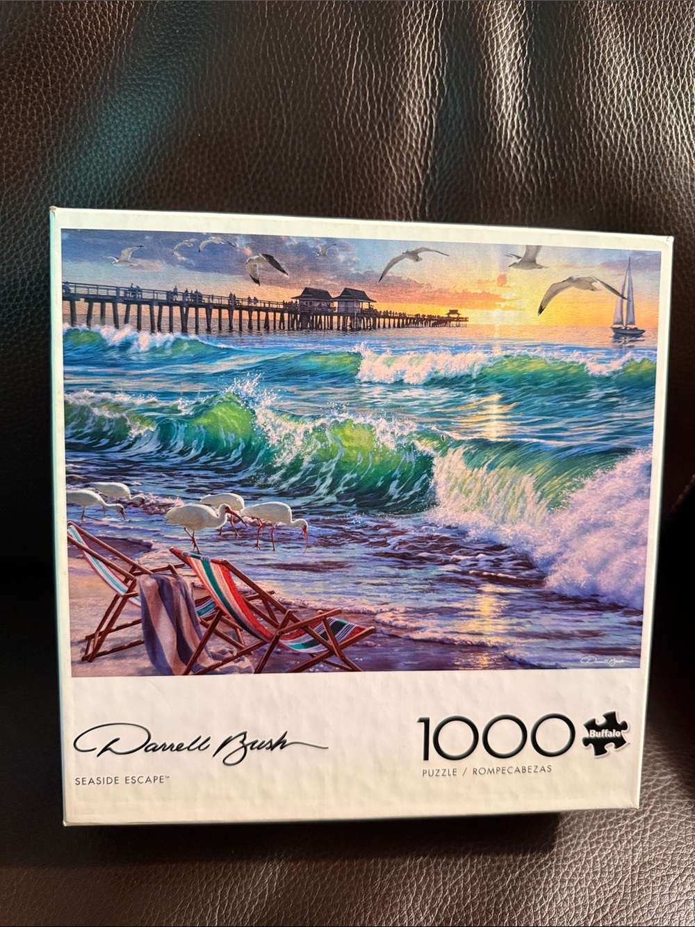 1000-piece jigsaw puzzle titled "Seaside Escape" artwork by Darrell Bush